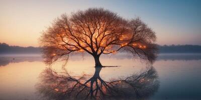 A tree with roots that glow like fire, growing in the center of a frozen lake. photo