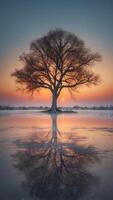 A tree whose roots glow like fire, growing in the middle of a frozen desert. photo
