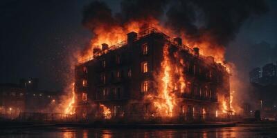 Dramatic scene of a burning building at night with fierce flames engulfing the structure in an urban disaster scenario. photo