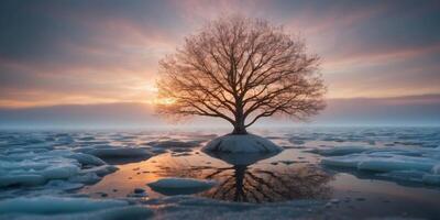 A tree with glowing roots growing in the middle of a frozen ocean. photo