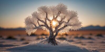 A tree made of crystal growing in the center of a frozen desert. photo