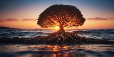 A tree with roots that glow like lava, growing in the middle of a glowing ocean. photo
