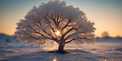 A tree made of crystal growing in the center of a frozen desert. photo