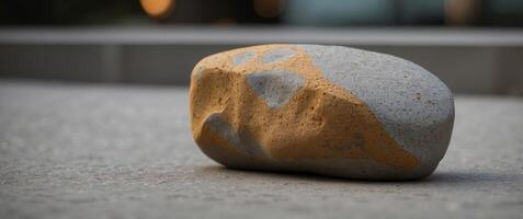 A stone is sitting on a concrete floor in front of a wall. photo