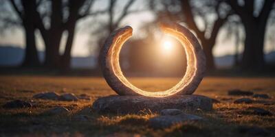 A glowing portal opening in the middle of an ancient stone circle, radiating magic. photo
