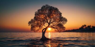 A tree made of fire growing in the middle of a glowing ocean. photo