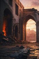 An aerial view of a crumbling city with a fiery archway. photo