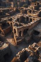 Aerial View of a Ruined City with a Dark Pit in the Center. photo