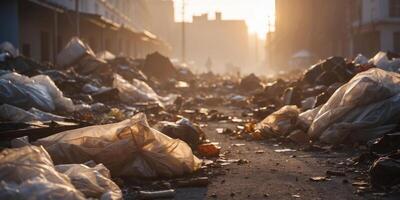 decay of urban landscape amid overflowing trash dump covered in thick white fog emphasizing neglect in cinematic tone with warm golden hour lighting. photo