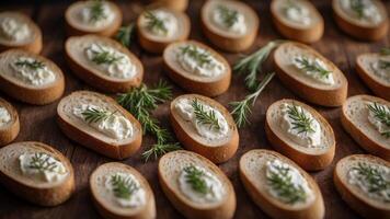 Slices of bread with cream cheese and herbs. photo