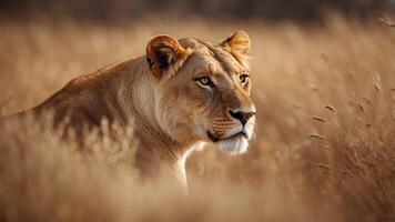 Lioness in Golden Grass with Focused Gaze. photo