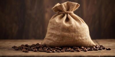 Coffee Beans in Burlap Sack on Rustic Wooden Background. photo