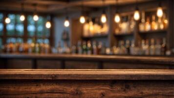 wooden bar in a tavern with a state of bottles in the background in high resolution. photo