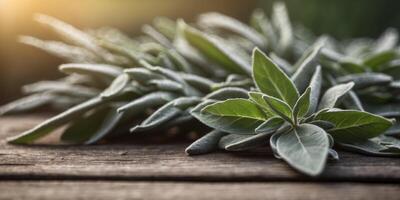 Fresh Sage Leaves on a Rustic Wooden Surface. photo