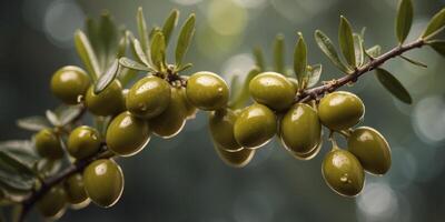 Fresh Green Olives Glistening Under Soft Natural Light on a Branch. photo