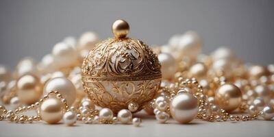 Design with Floral and Geometric Objects gold ball and pearls. photo