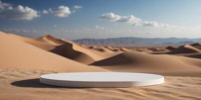 Mockup white podium for product presentation on desert dune with blue sky. photo