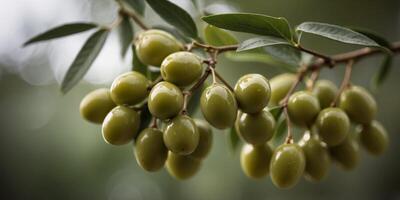 Fresh Green Olives Glistening Under Soft Natural Light on a Branch. photo