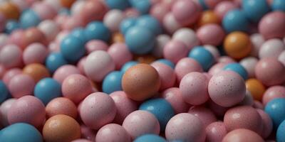 Colorful round objects arranged on pink and blue backgrounds. photo