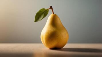 A Single Ripe Yellow Pear with a Stem on a Light Background. photo