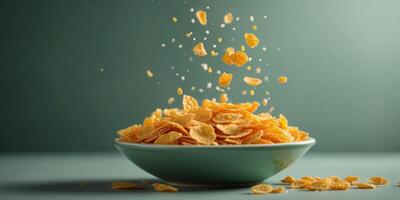 Close up of corn flakes falling into milk bowl on green background in minimalist style. photo