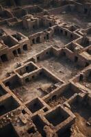 Aerial View of a Ruined City with a Dark Pit in the Center. photo