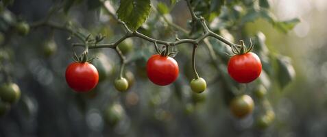 Single Red Tomato Attached to Vine Branch. photo