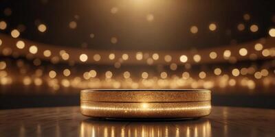 Luxury and futuristic golden empty stage with lights background. photo