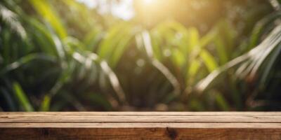 rustic wooden table top with blurred background of the coconut farm. photo