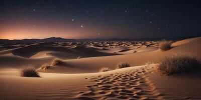 a nighttime desert scene with a sky full of stars and moonlit sand dunes. photo