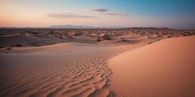 A vast desert landscape with pink sand dunes under a blue sky with fluffy white clouds. photo