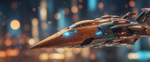 Futuristic Spaceship Flying Past Geometric Structures. photo