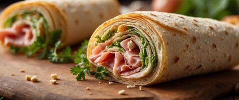 Lavash roll with cheesy ham and parsley for a nutritious club sandwich. photo