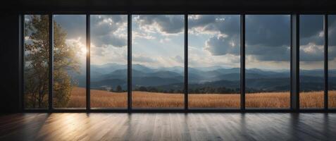Dark empty modern room with beautiful landscape in the window. photo