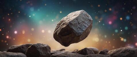 A large rock is flying through space with a few smaller rocks in the background. photo