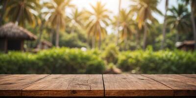 rustic wooden table top with blurred background of the coconut farm. photo