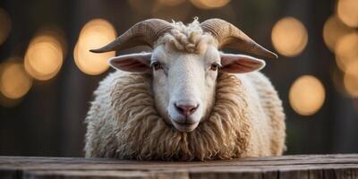 White Sheep with Large Horns Resting its Forelegs on a Wooden Plank. photo