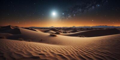 a nighttime desert scene with a sky full of stars and moonlit sand dunes. photo
