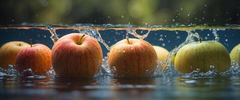 Slices of Melon and Apple Splashing in Water. photo