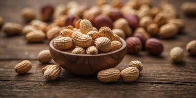 Peanuts shelled and arranged on rustic wooden surface. photo