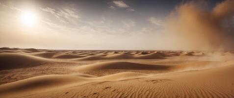 Expansive desert wasteland engulfed in a swirling sandstorm captured in wide angle landscape. photo