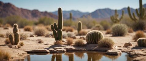 A desert scene with a river and two cacti. photo