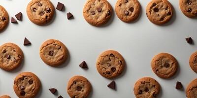 a sheet of paper with baked chocolate chip cookies from above. photo