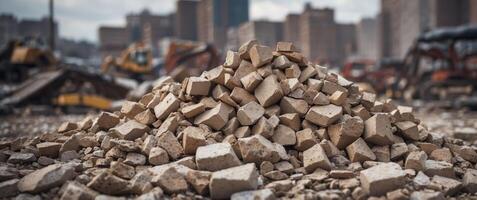 A Pile of Rubble Before a Demolished Building. photo