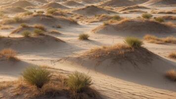 Aerial View of a Sandy Desert with Sparse Vegetation and Rock Formations. photo