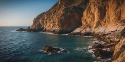 A scenic view of coastal cliffs and the ocean in the late afternoon that highlights the rugged cliffs and deep blue waters. photo