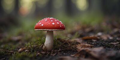 A red mushroom with white spots sits on the ground. photo