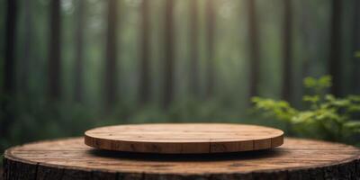 A round wooden platform with a forest in the background. photo
