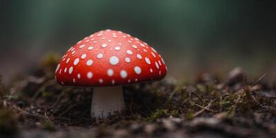 A red mushroom with white spots sits on the ground. photo