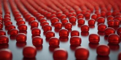 A collection of bright red cylindrical objects arranged on a matching red surface. photo